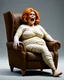Placeholder: a chubby decrepit realistic mummy, orange hair, leaned over in a brown chair, mouth open