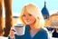 Placeholder: contented cute blonde blue eyed chibi woman drinking coffee in Rome in sunshine