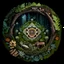 Placeholder: realistic image like a photo of mandala with forest, muschrooms, roots, trees, ferns, animals