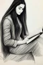 Placeholder: Pencil sketch of Young woman, Arab features,sad, long wavy hair, reading a book, full body، on lined paper