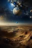 Placeholder: the stars with earth and other planets in it,Bosch painting style, show a shot of a view of Mars surface