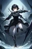 Placeholder: Anime girl with short black hair and sharp green eyes holding a sinister spear, full body black and white metal plate armour, full body shot, Dark lighting,1woman, soaked in blood,Warrior