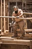 Placeholder: half figure shot photography of an ugly 40 year old stocky big chubby robust burly arab carpenter working on the roof, dirty, wet, tattoo,wearing bulging overalls, shirtless, hairy chest, serious, very virile, long beard, curly hair,, , in a sunny construction work area, photorealistic , photorealistic