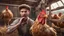 Placeholder: Hyper Realistic a chicken is beating a handsome-young-farmer from its beak inside a chicken coop with scared expressions on farmer's face few haystacks behind & feathers whirling dramatic & cinematic ambiance