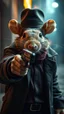 Placeholder: a rat gangster with a hat holding a gun toward you , realistic , pro photography , high quality, and cinematic scene