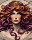 Placeholder: Tile hair, flaming lips, eyes seeking eternity, leader of the witch community, coppery tresses tumbled about her face, tremendous facial anatomy, meaningful beautiful brown eyes, wavy purplish hair, one third rule, trending on top of Art station, by Alphonse Mucha"
