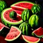 Placeholder: Still life oil painting depicting multiple vibrant watermelons against a dark toned background from a distance. Ripe and juicy, sliced open in several patterns, rich red interior visible, seeds visible, glossy texture, fresh green stems, contrasting bright colors, tropical fruit setting, artistic interpretation, detailed realism, bright colorful palette and paint texture, natural light, high resolution, Showcase texture and detail, by botanical painter. Blurred outlines.Looks delicious. Modifier