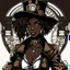 Placeholder: Bad ass curly haired dark skinned woman with a hat in Steampunk manga style