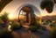 Placeholder: Hyper-realistic 8k photographic scene of a desert landscape, with a house shaped like a glass bubble, with a transparent entrance door and an interior full of plants and flowers, botanical. Sunset light.