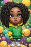 Placeholder: Create an colorful psychedelic comic book illustration of a chibi cartoon black female thick curvy wearing a cut of green, yellow and white hoodie and white jeans and timberland boots. Prominent make up with long lashes and hazel eyes. Highly detailed shiny sister locs. Background of a large bubbles all around her