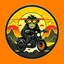 Placeholder: Monkey riding a mopped motorcycle with sunglasses and a big smile, have a mountain sunset on the background, make a round logo