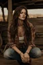 Placeholder: idealized female model country music singer leaning forward while holding microphone in one hand, other hand brought up to side of neck, change clothing to plaid in natural tones, leather bracelets on wrists, long hair, mouth open singing, rings on fingers, eyes closed