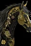 Placeholder: whimsical, horse, intricate detail,, illustration, gold, black, purlpe