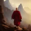 Placeholder: Portrait of a monk, red robe, mountain background, fog, distant temple, face front, grim, Frank Frazetta, Greg Rutkowski, hyperdetailed, dnd, trending on Artstation, Splash screen art, dynamic lighting, hyperdetailed, intricately detailed, a masterpiece, 8k resolution, high contrast, bearded,