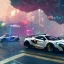 Placeholder: a white Mclaren 675LT in cyberpunk 2077 city in the rain