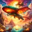 Placeholder: A zeppiln flying in a fantasy sky next to dragons and other fantasy creatures. Light, Sunset, Happy, Fantasy. In a hell like environment Magical. Epic. Dramatic, highly detailed, digital painting, masterpiece