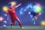 Placeholder: Oil painting, full body of a soccer player, he is kicking the ball, the ball is flying, bright but not neon colours, dynamic lines, dynamic blobs, spots, lines in the background of the character, splash like a colour explosion