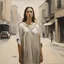 Placeholder: [Part of the series by Guy Borremans] In a bustling city, a woman resembling Athena emerges, exuding wisdom and strength.