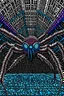 Placeholder: Giant brown spider with a blue pattern design, eight bulging eyes showing anger, it crawls across a large building, weaving a spiderweb that looks like a vortex , comic book style illustration, graphic novel style, shading and light, cartoonist, absurd surrealism , highly detailed
