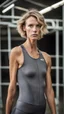 Placeholder: photography of a beautiful anorexic woman, grey satin triathlon top, sports illustrated, blond short wavy bob haircut, pronounced sternum, flat chest, anthracite cycling leggins