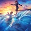 Placeholder: Clear Focus, High resolution, two girls holding hands running on water on sunset