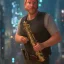 Placeholder: portrait of kiefer sutherland danny mcbride with day beard playing saxophone, blade runner, low key lighting, volumetric light, digital art, highly detailed, fine detail, intricate, complex, octane render, unreal engine, photorealistic