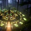 Placeholder: top view a open top huge library in forest with mystic fireflies around trees that have wide leaves and broad trunked at night with moonlight.