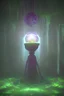 Placeholder: floating suspended translucent glowing orb above pedestal, misty, inside overgrown moss vines labrotory, sacred geometry object inside translucent floating orb, aura foggy mist, tesseract, purple, green, gold