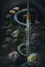 Placeholder: a sword in the foreground with a snake coiling around it. In the background, flowers. In a gothic, dark fantasy style.