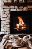 Placeholder: cozy vibes art tea and stone fireplace