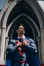 Placeholder: man dressed in church dress clothes opening his shirt like superman and bearing his chest in front of a church
