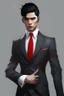 Placeholder: Realistic, red eyes, light skin, short black hair, red earring, suit and tie clothing, gloves on hand