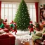 Placeholder: christmas elves running through living room with toilet paper streaming behind them, toilet paper covering furniture in living room, oil painting, chaotic, mischevious elves, Christmas tree