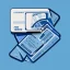 Placeholder: full view of a flattened vector image icon of an identification card, blue color palette, transparent background.