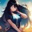 Placeholder: Clear focus, High resolution, girl wearing a my hero academia outfit, long fluffy black hair, blue eyes,