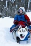 Placeholder: niño y niña viajan en un trineo tirado por un husky