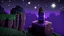 Placeholder: Minecraft Character, minecraft theme, purple starry sky, meditating, facing back, wearing gown, minecraft style, in between two cliffs,