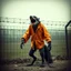 Placeholder: grainy photograph, in front of a prison barbed wire fence a distempered yelling anthropomorphic furry zombie bi-pedal skunk - shark hybrid creature with very long legs wearing a tattered ripped orange prison shirt and a broken leg shackle with a loose chain attached, surreal, creepypasta, fantastical, grainy photography, unsettling, sinister, profound, dramatic, 'Cloverfield' movie aesthetic