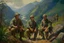 Placeholder: Japanese 1920 oil painting FEDRA from TLOU but as Vietnam men soldiers in the mountains far away from the scenery