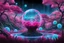 Placeholder: A vibrant pink and neon blue shower and tiny balls of energy, reminiscent of a nebula, set against among the dark silhouettes of plants , roots and trees, tiny metal ball robots floating and researches, cares plants, futuristic, etheral the essence of the energetic and captivating display, with the colors swirling throughout in the scene. digital art