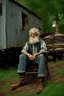 Placeholder: a sarcastic Highly stylized, group 64k Ultra High resolution photography featuring a A grey-stained, rusty computer backyard enthusiastic daredevil elderly skinny Tennessee hill billy farmer with No regrets, Skinned knees, wild hair, kicking someone out the door, using his big boot to a head