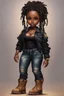 Placeholder: create a EXPRESSIVE OIL PAINTING image of a curvy size chibi dark skinned Black female wearing a black jean outfit with timberland boots. Prominent make up with brown eyes and lush lashes. Highly detailed dread locs