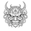 Placeholder: White, minimalis line art , oni mask japanes scarry, vector, white background, outline, with images neatly contained within the background, just black and white color,