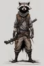 Placeholder: full body of a raccoon thief, post-apocalyptic, concept art sketch, blank background