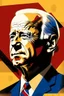 Placeholder: stylized stencil portrait of Joe biden in solid red, beige and dark blue with the the script 遵守 on the bottom of the image in yellow with a hammer and sickle in the background