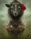 Placeholder: Comic book art style black lamb with red eyes, contrasting green meadow, cartoonist, digital portrait, dark fantasy, black iridescent skin, holographic, shiny, PVC texture, wet look, anime, gothic