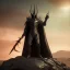 Placeholder: Sauron, the mighty lord of darkness, standing on a rock in the dark land of Mordor, a super-hero man of infinite power and technology of the galactic race, with a great army, a large moon disk behind him, and a fiery sword in his hand