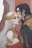 Placeholder: A couple from the dnd game curse of Strahd kissing. She has white hair he has long black hair.