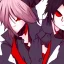 Placeholder: cute male anime vampire drinking blood, he has red eyes, white hair