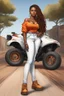 Placeholder: Create a digital airbrush cartoon of a curvy African American female wearing tight white jeans and a off the shoulder orange blouse. She is also wearing timberland boots. Prominent make up with hazel eyes. Highly detailed very long extremely dread locs black hair. Her skin is smooth and silky. Background of a track of ATV riders.